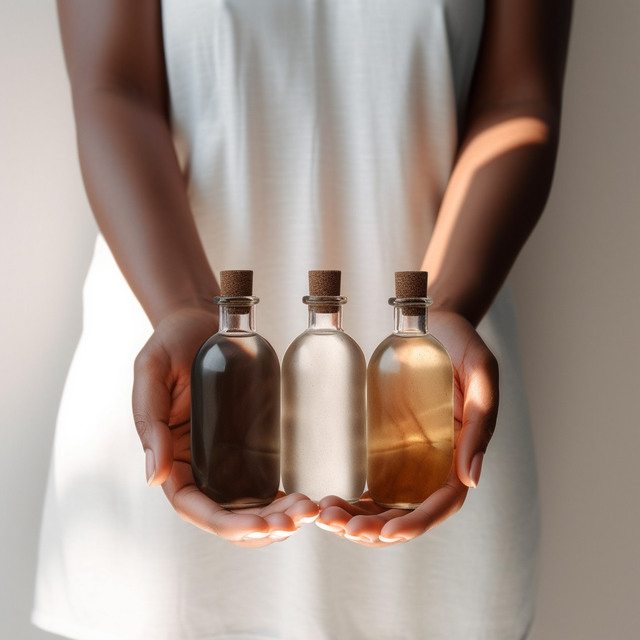 A woman holding oil bottles